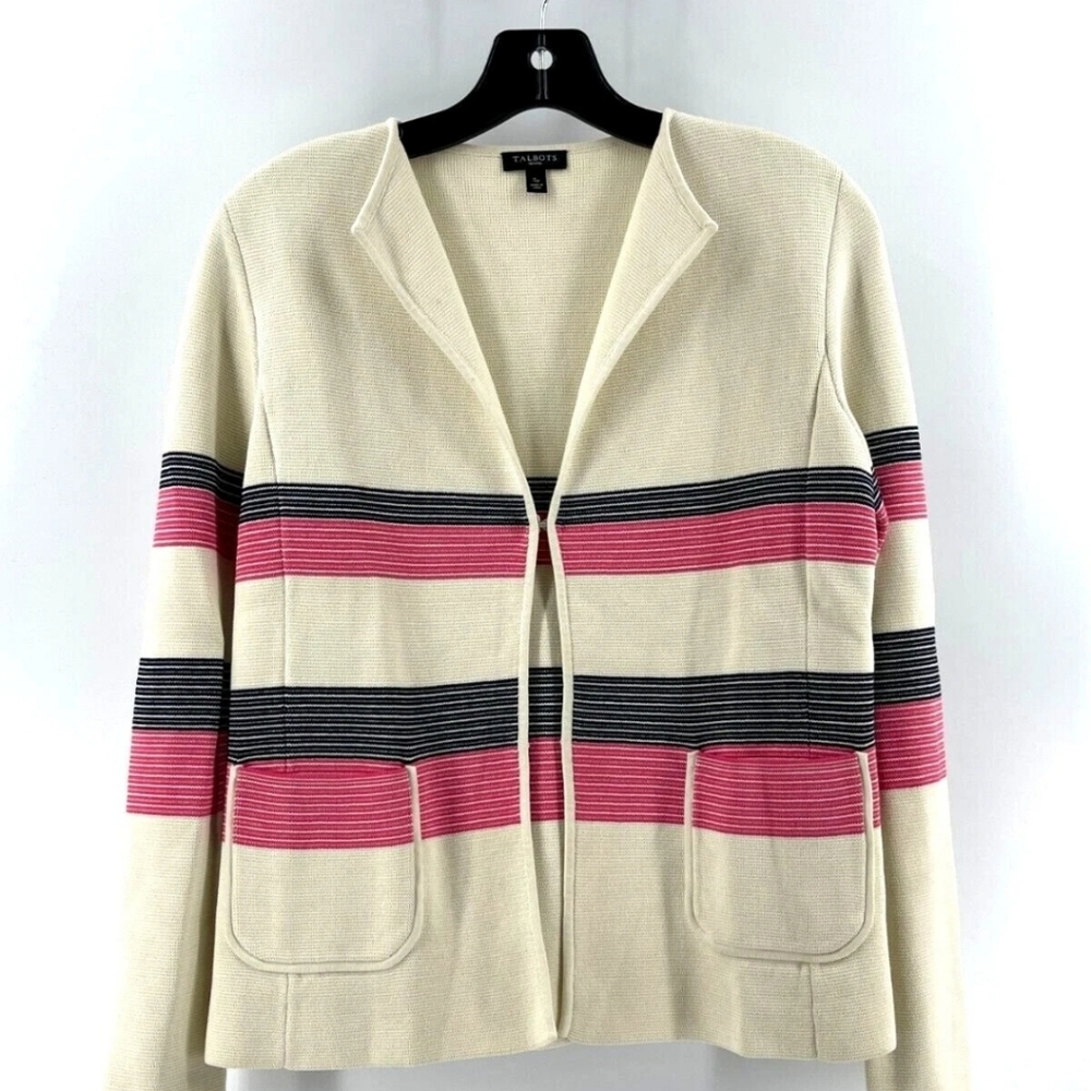 Talbots Cream Open-Front Cardigan with Pink & Black Stripes Med Petite